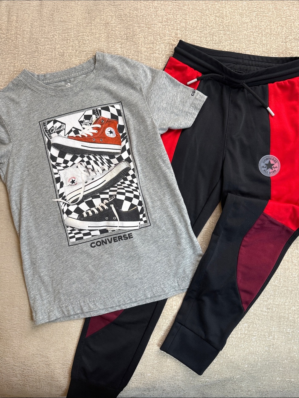 Boys Converse Set - Kids Black & Red Colorblock Joggers with T-shirt